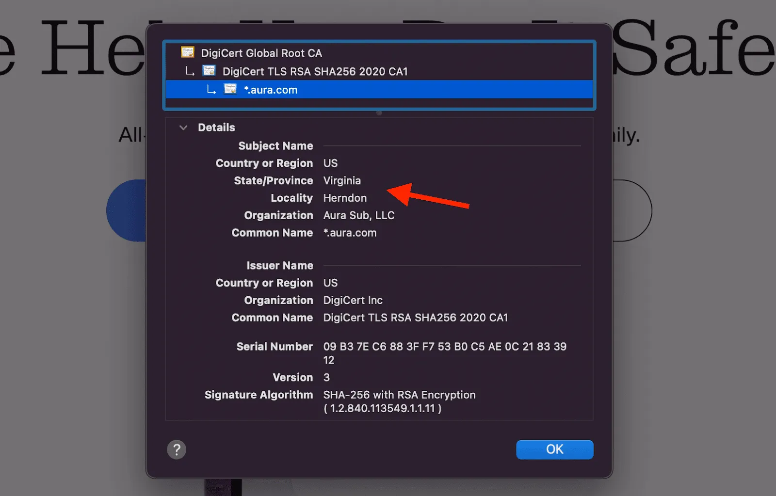 a web browser showing the SSL certificate for Aura.com with arrows pointing out that the domain was registered in Virginia